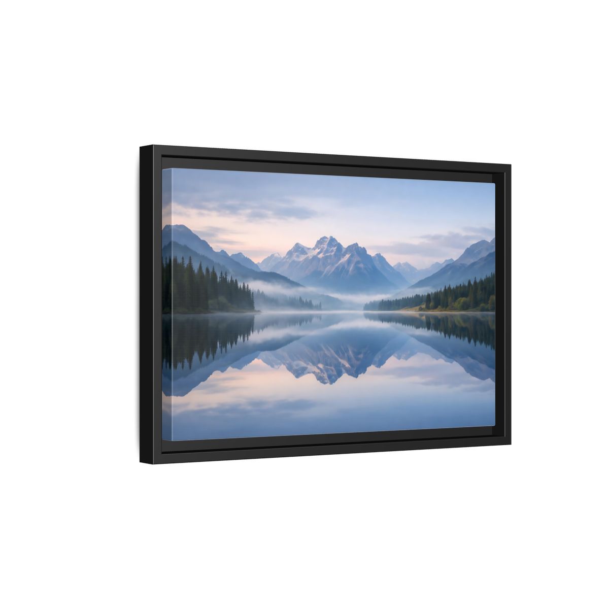 Side Mockup 6. Nature Mountain Lake Misty Mountain Lake shown as stretched canvas wall art