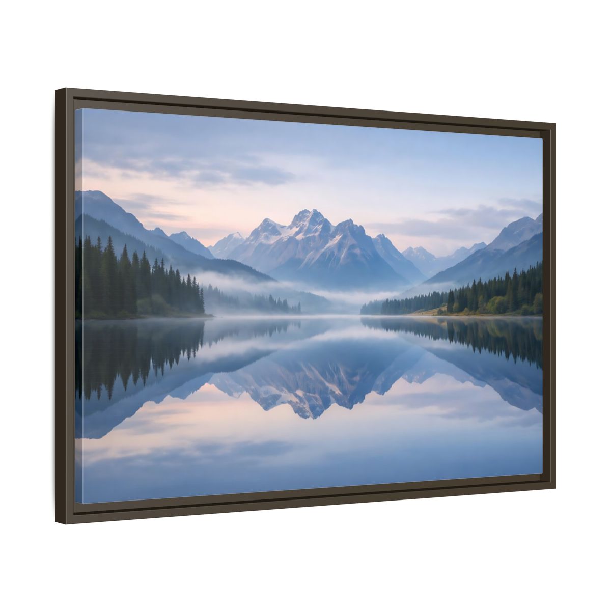 Side Mockup 11. Nature Mountain Lake Misty Mountain Lake shown as stretched canvas wall art