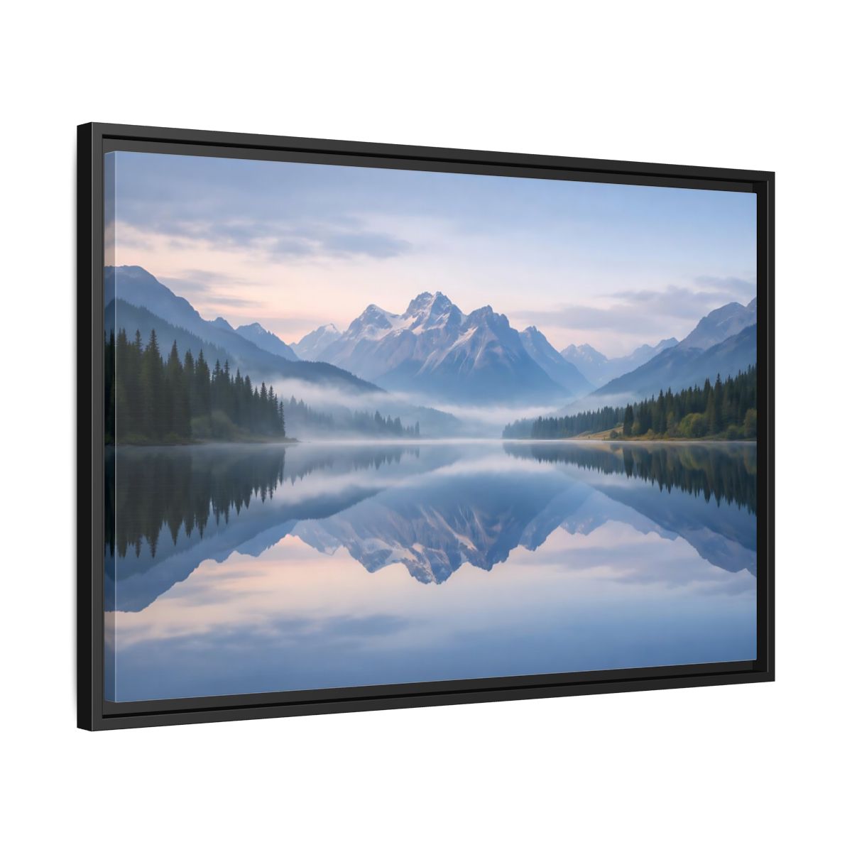 Side Mockup 14. Nature Mountain Lake Misty Mountain Lake shown as stretched canvas wall art
