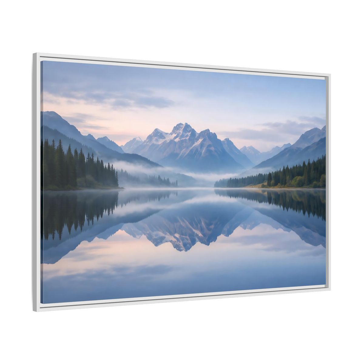 Side Mockup 7. Nature Mountain Lake Misty Mountain Lake shown as stretched canvas wall art