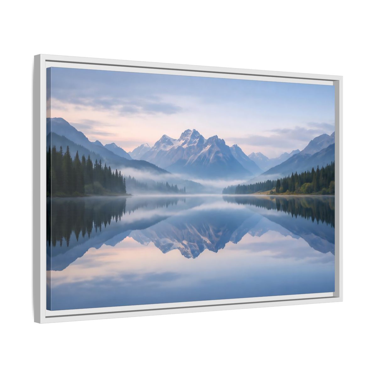 Side Mockup 10. Nature Mountain Lake Misty Mountain Lake shown as stretched canvas wall art