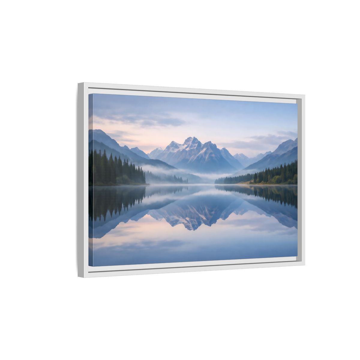 Side Mockup 1. Nature Mountain Lake Misty Mountain Lake shown as stretched canvas wall art