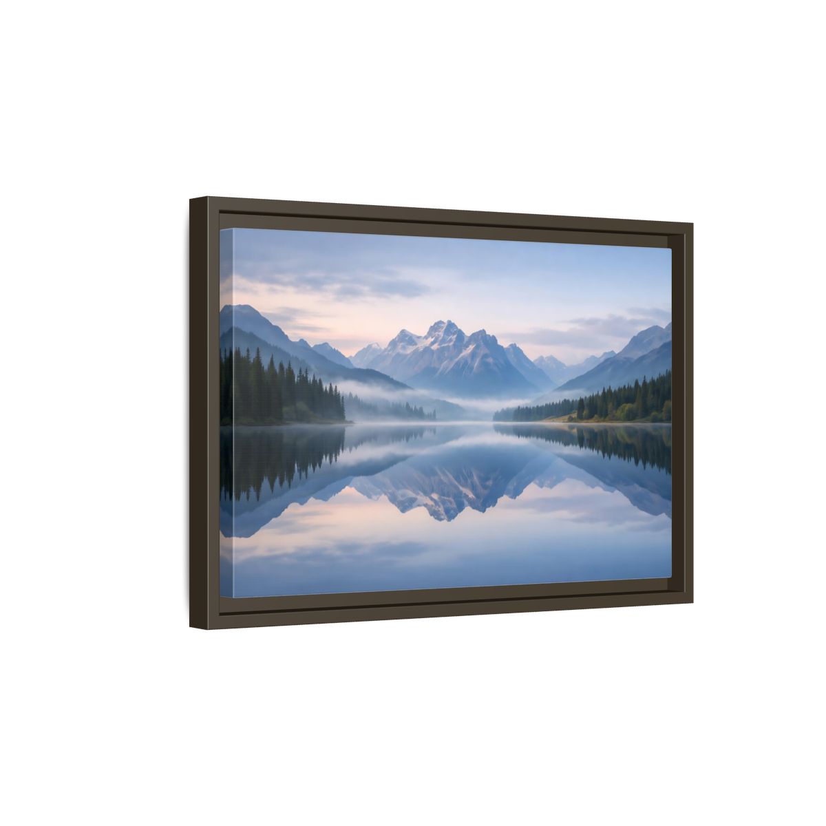 Side Mockup 5. Nature Mountain Lake Misty Mountain Lake shown as stretched canvas wall art