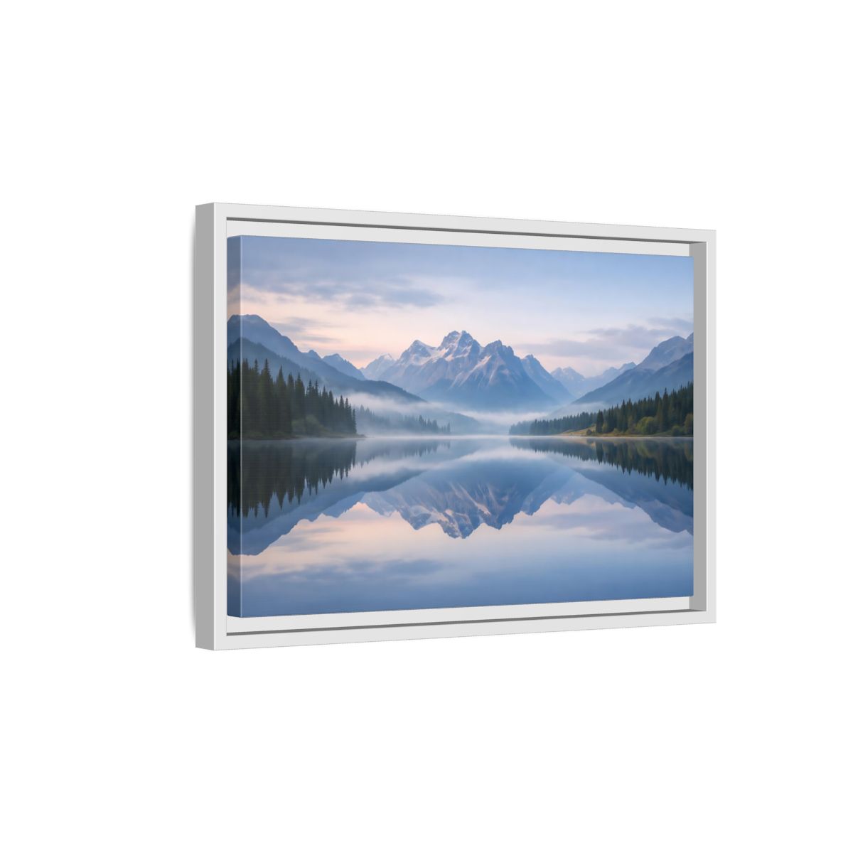 Side Mockup 4. Nature Mountain Lake Misty Mountain Lake shown as stretched canvas wall art
