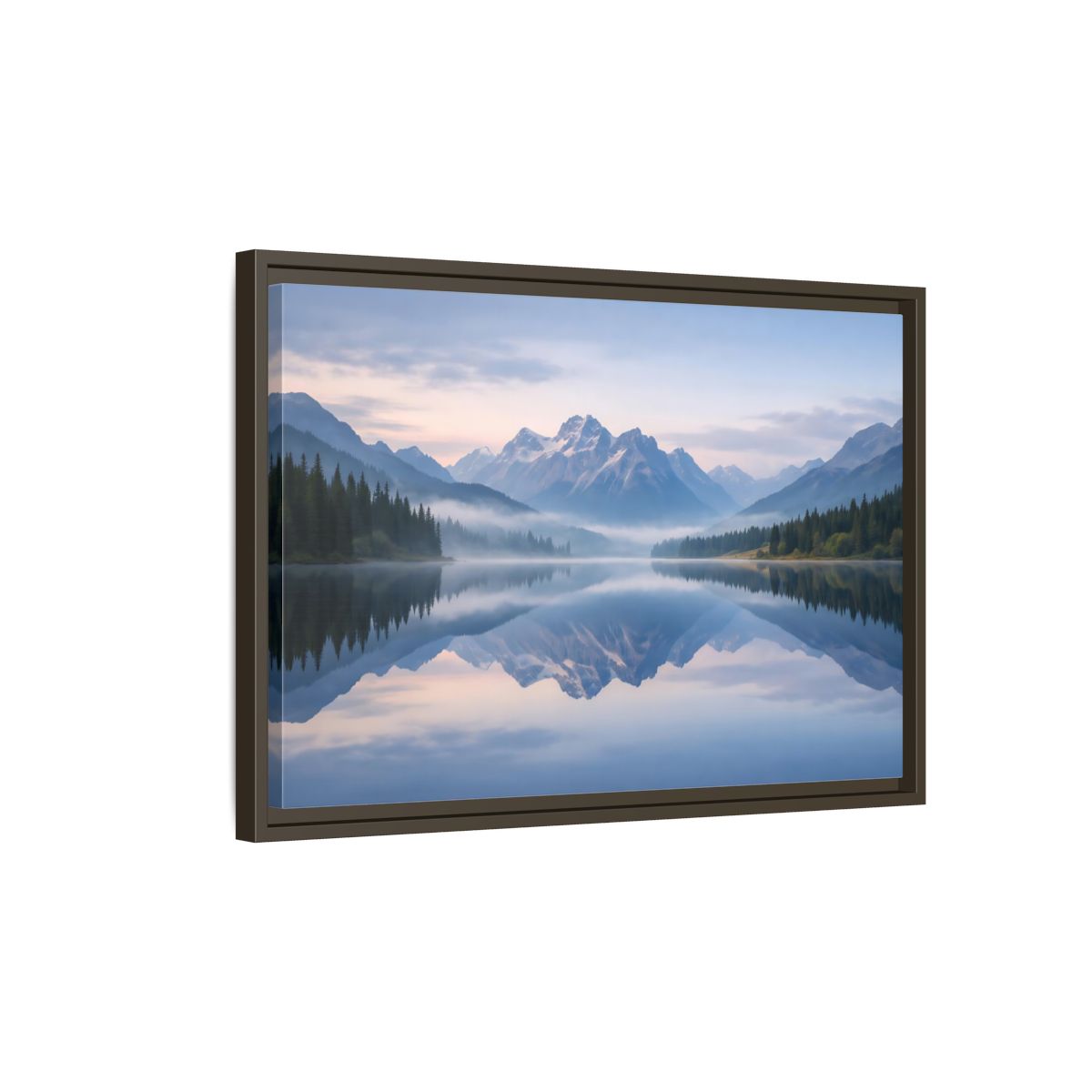 Side Mockup 2. Nature Mountain Lake Misty Mountain Lake shown as stretched canvas wall art