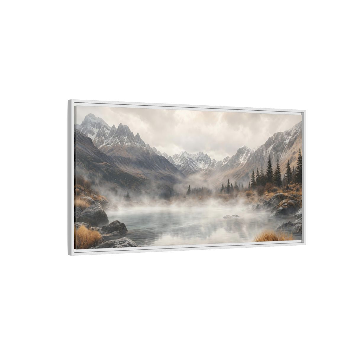 Side Mockup 3. Nature Mountain Lake Misty Mountain Lake shown as stretched canvas wall art