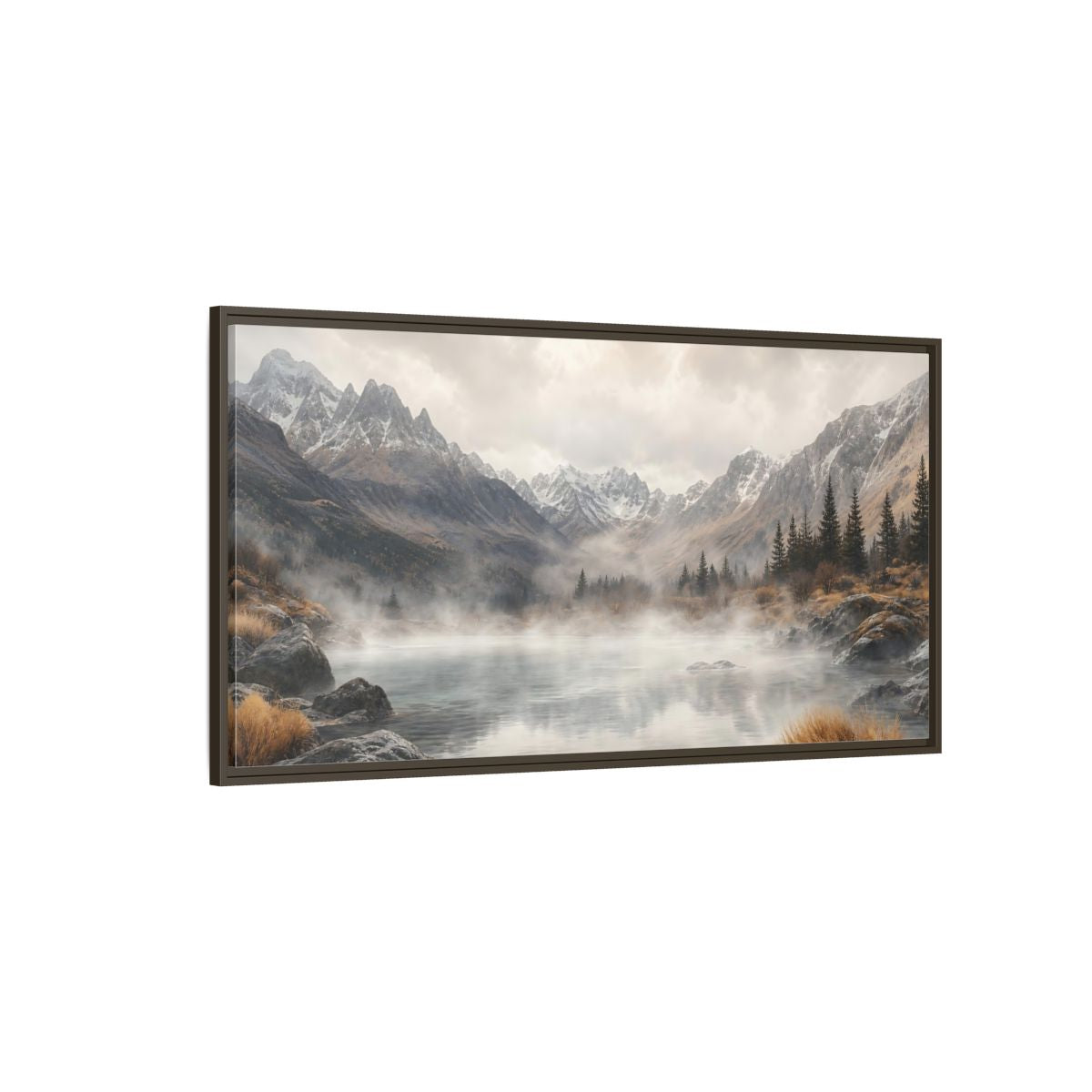 Side Mockup 4. Nature Mountain Lake Misty Mountain Lake shown as stretched canvas wall art