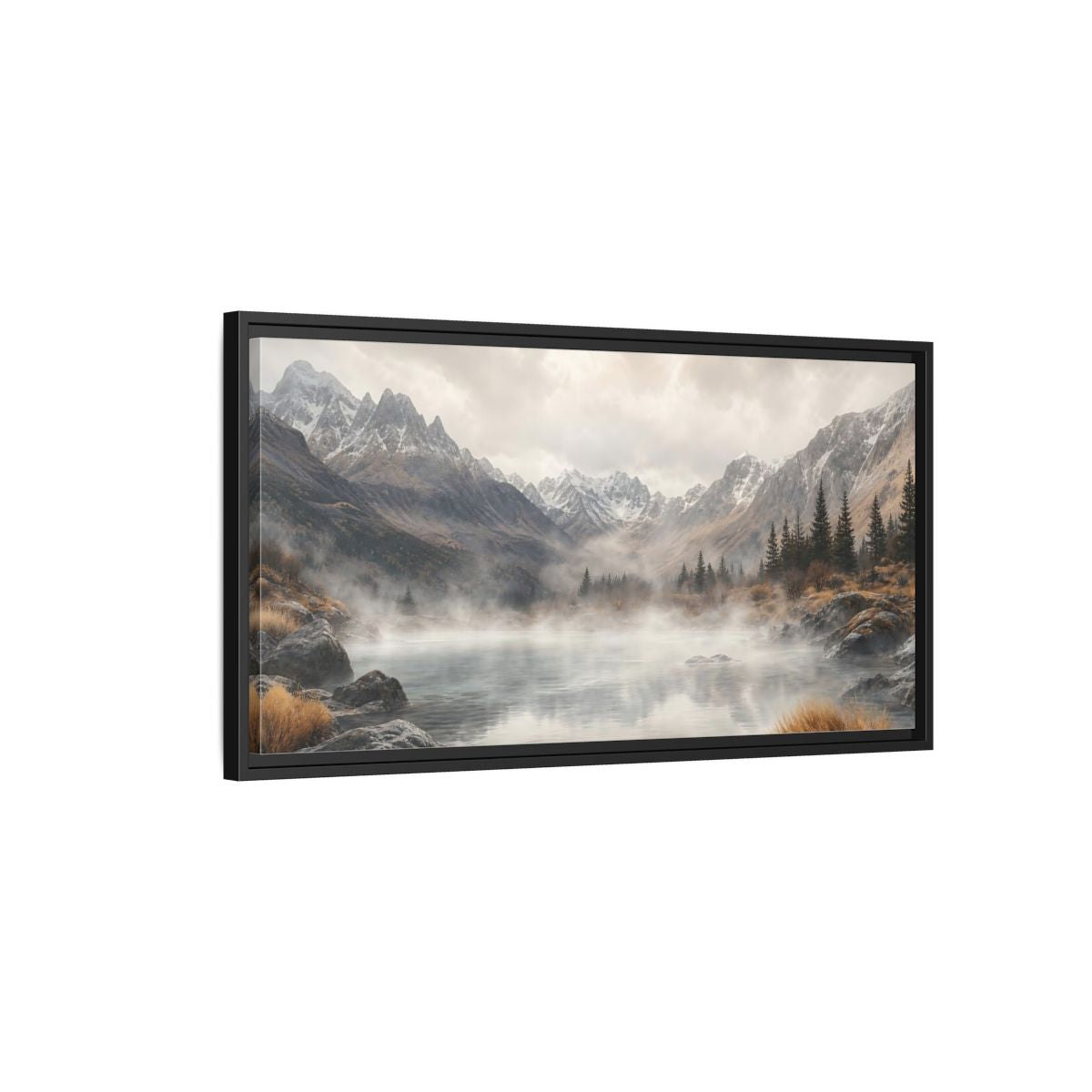 Side Mockup 2. Nature Mountain Lake Misty Mountain Lake shown as stretched canvas wall art