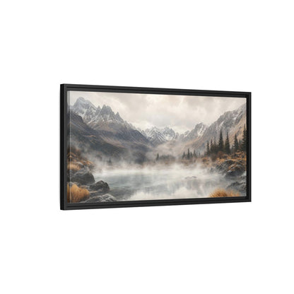 Side Mockup 2. Nature Mountain Lake Misty Mountain Lake shown as stretched canvas wall art