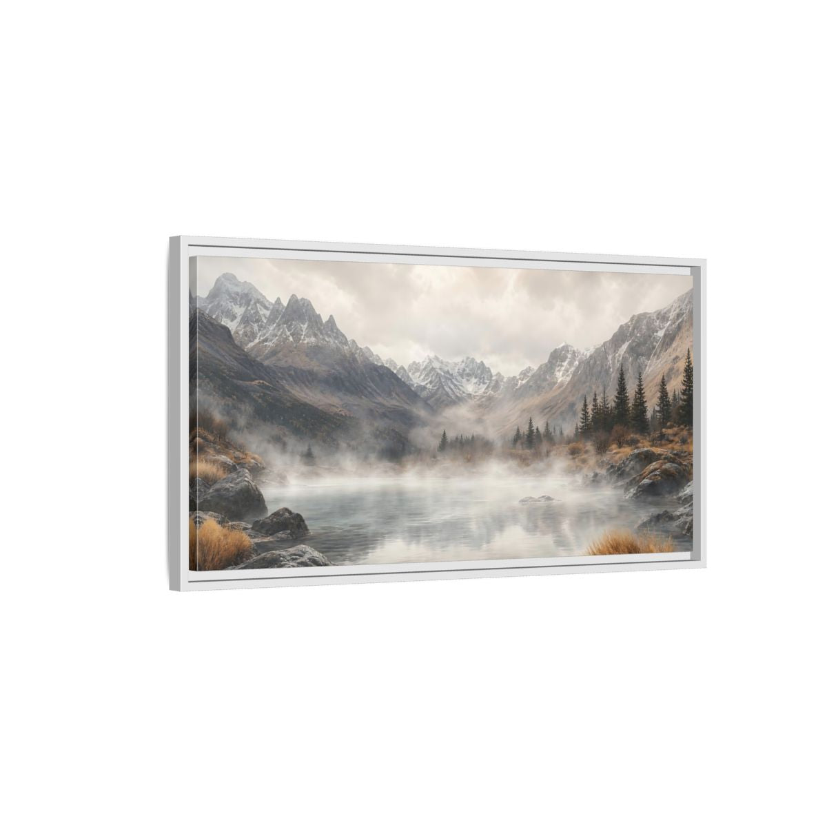 Side Mockup 1. Nature Mountain Lake Misty Mountain Lake shown as stretched canvas wall art