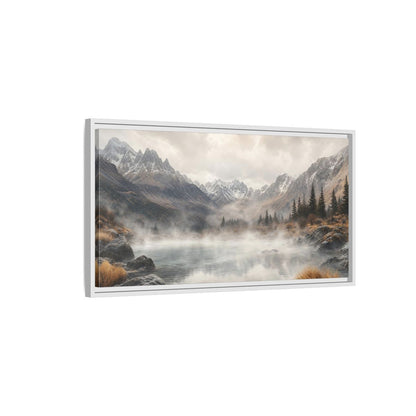 Side Mockup 1. Nature Mountain Lake Misty Mountain Lake shown as stretched canvas wall art