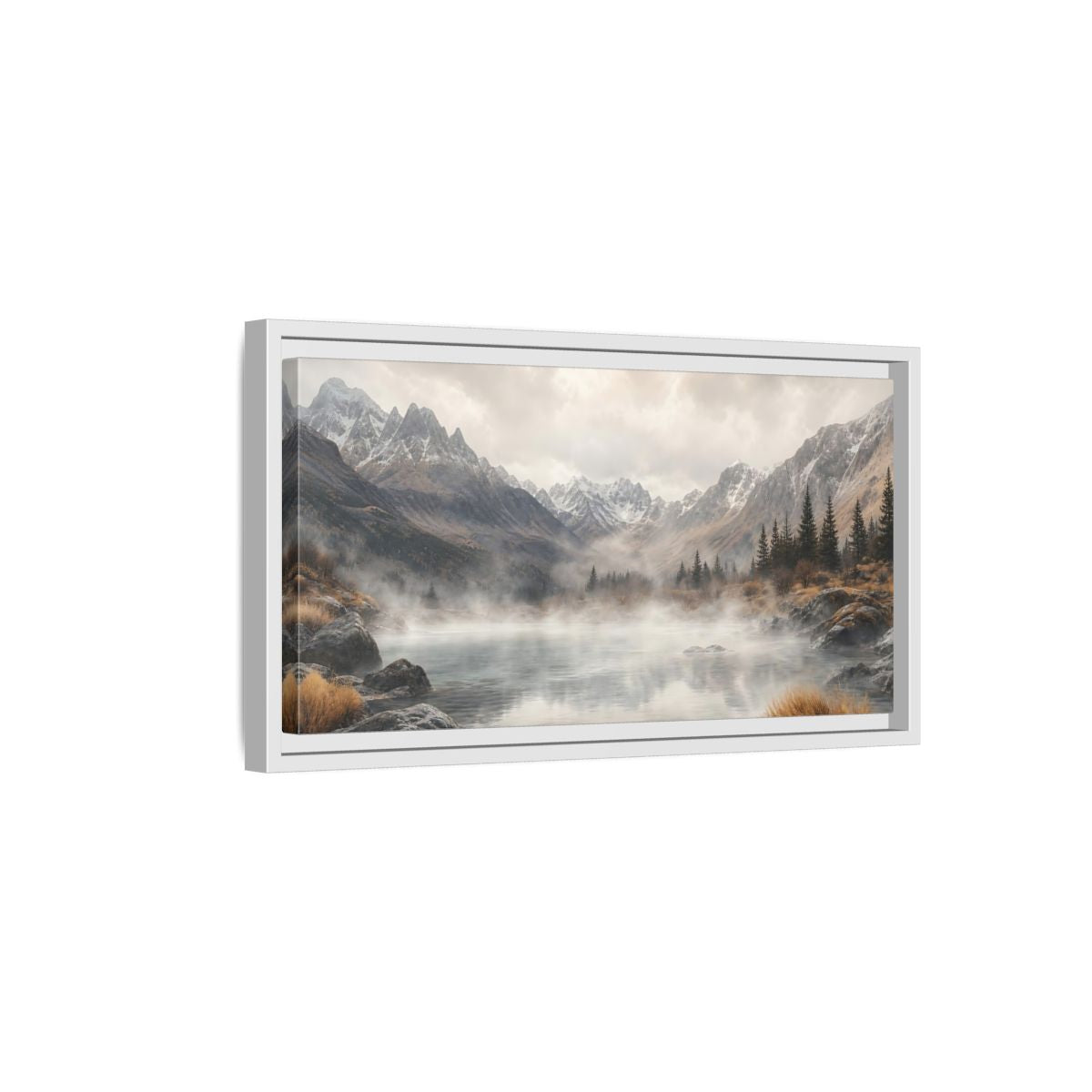 Side Mockup 6. Nature Mountain Lake Misty Mountain Lake shown as stretched canvas wall art