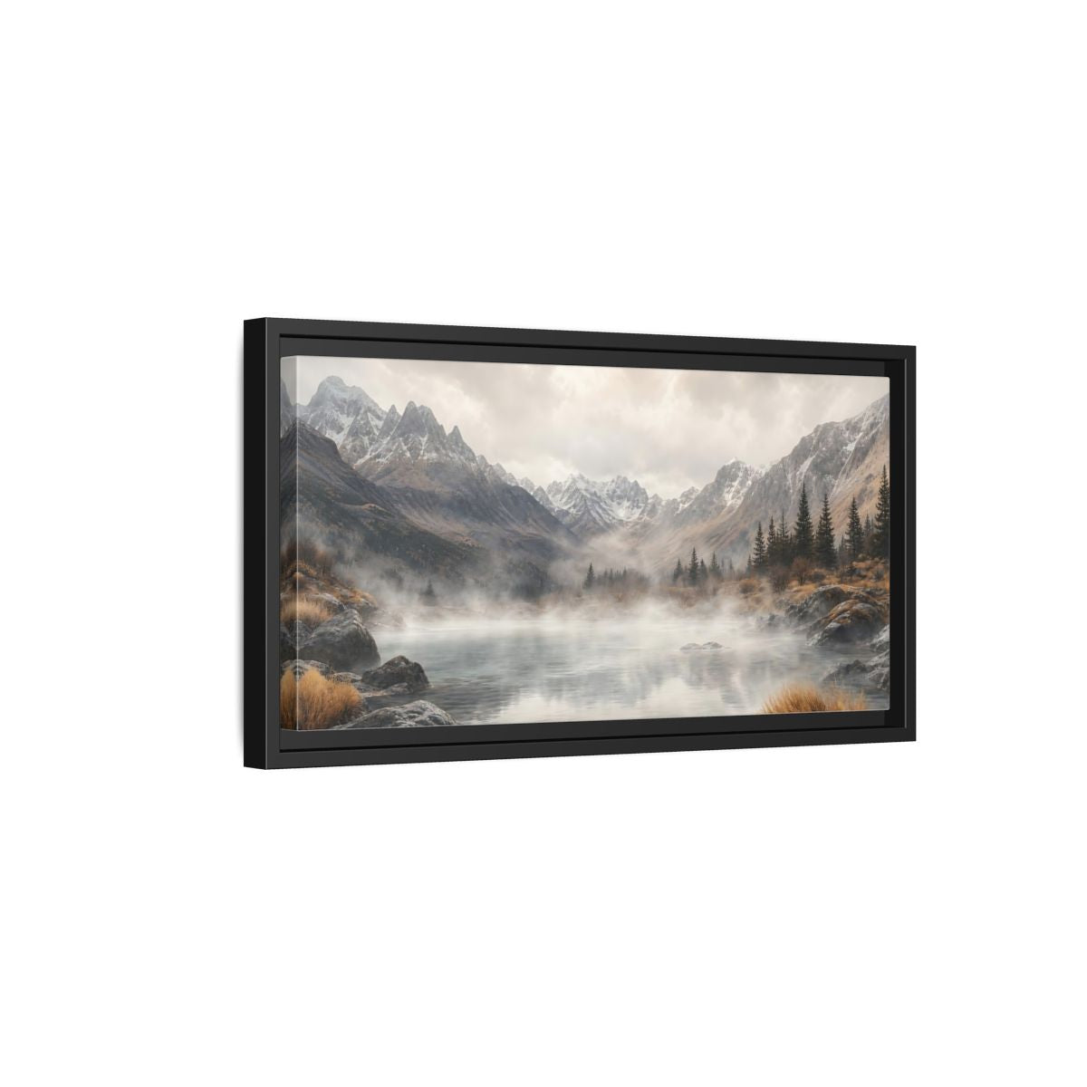Side Mockup 8. Nature Mountain Lake Misty Mountain Lake shown as stretched canvas wall art