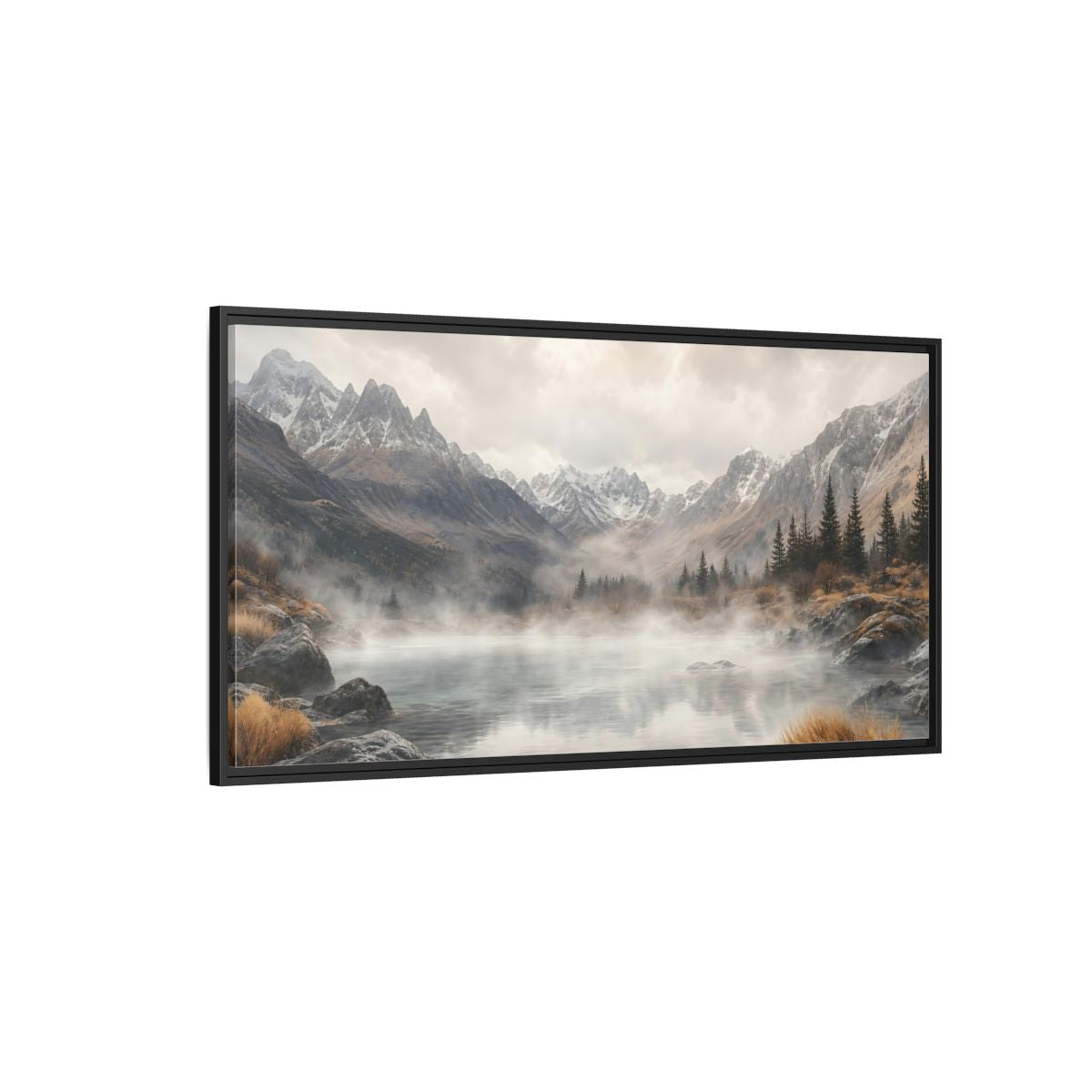 Side Mockup 5. Nature Mountain Lake Misty Mountain Lake shown as stretched canvas wall art