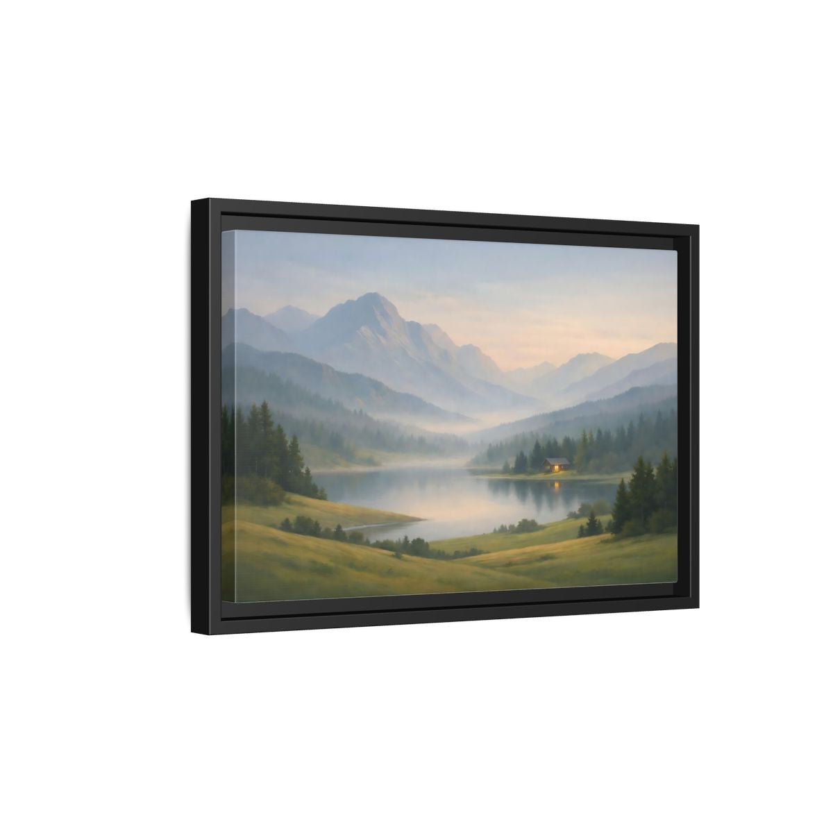 Side Mockup 6. Nature Mountain Lake Misty Mountain Lake shown as stretched canvas wall art