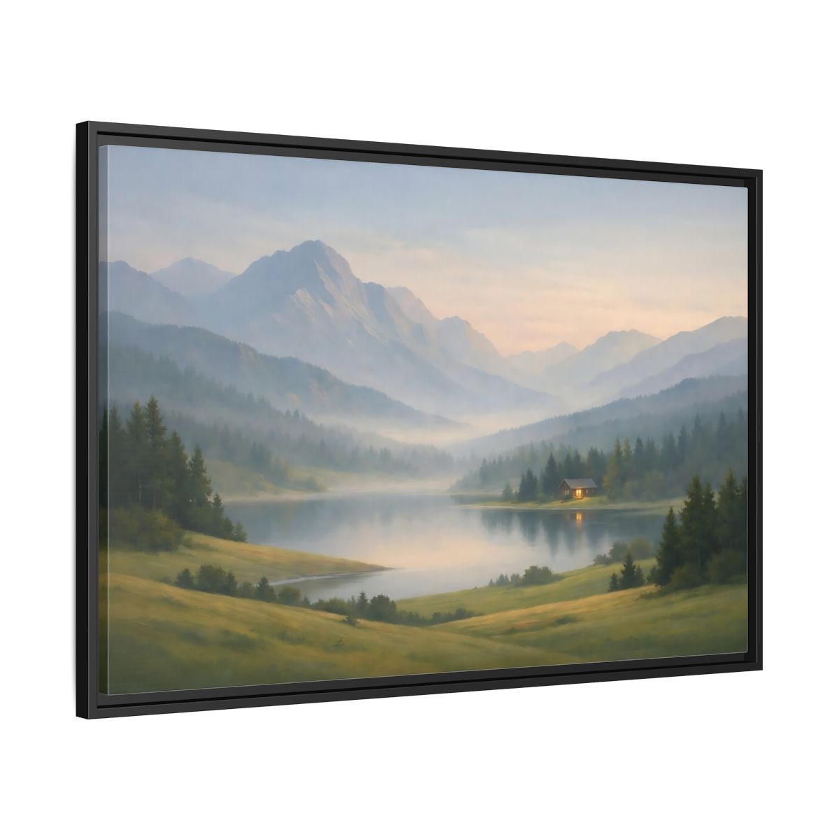 Side Mockup 13. Nature Mountain Lake Misty Mountain Lake shown as stretched canvas wall art