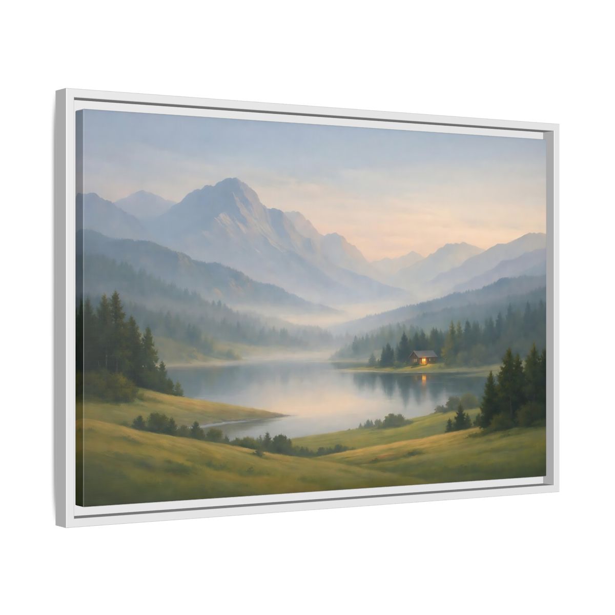 Side Mockup 10. Nature Mountain Lake Misty Mountain Lake shown as stretched canvas wall art