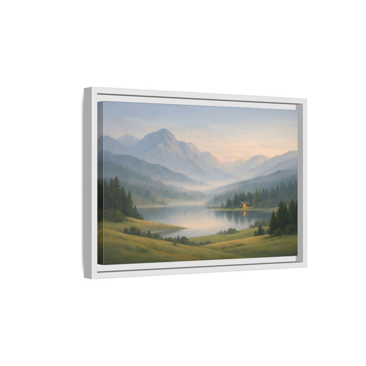 Side Mockup 4. Nature Mountain Lake Misty Mountain Lake shown as stretched canvas wall art