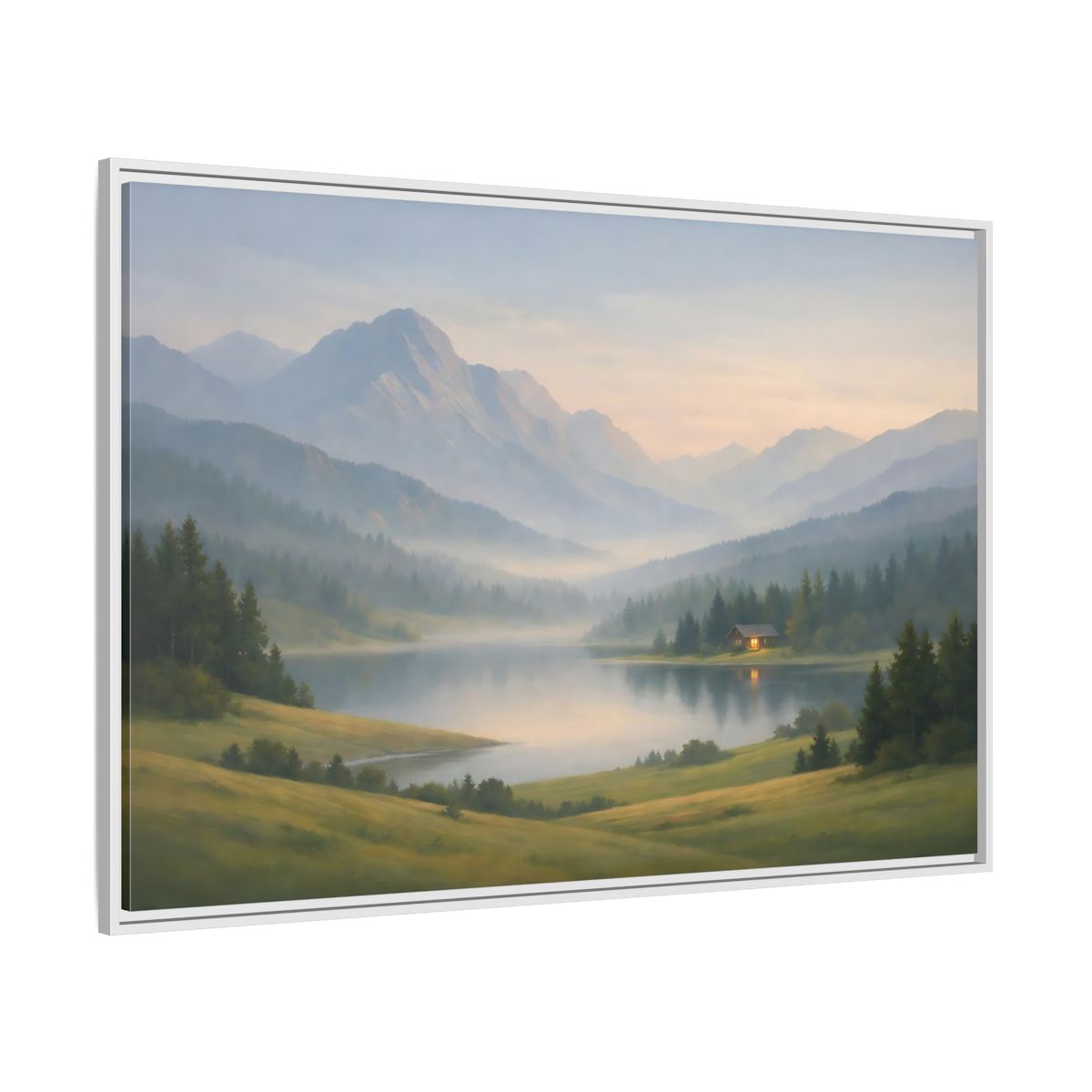 Side Mockup 7. Nature Mountain Lake Misty Mountain Lake shown as stretched canvas wall art