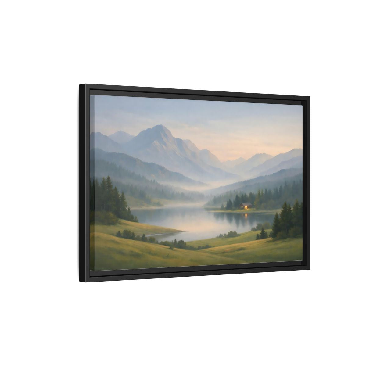 Side Mockup 3. Nature Mountain Lake Misty Mountain Lake shown as stretched canvas wall art
