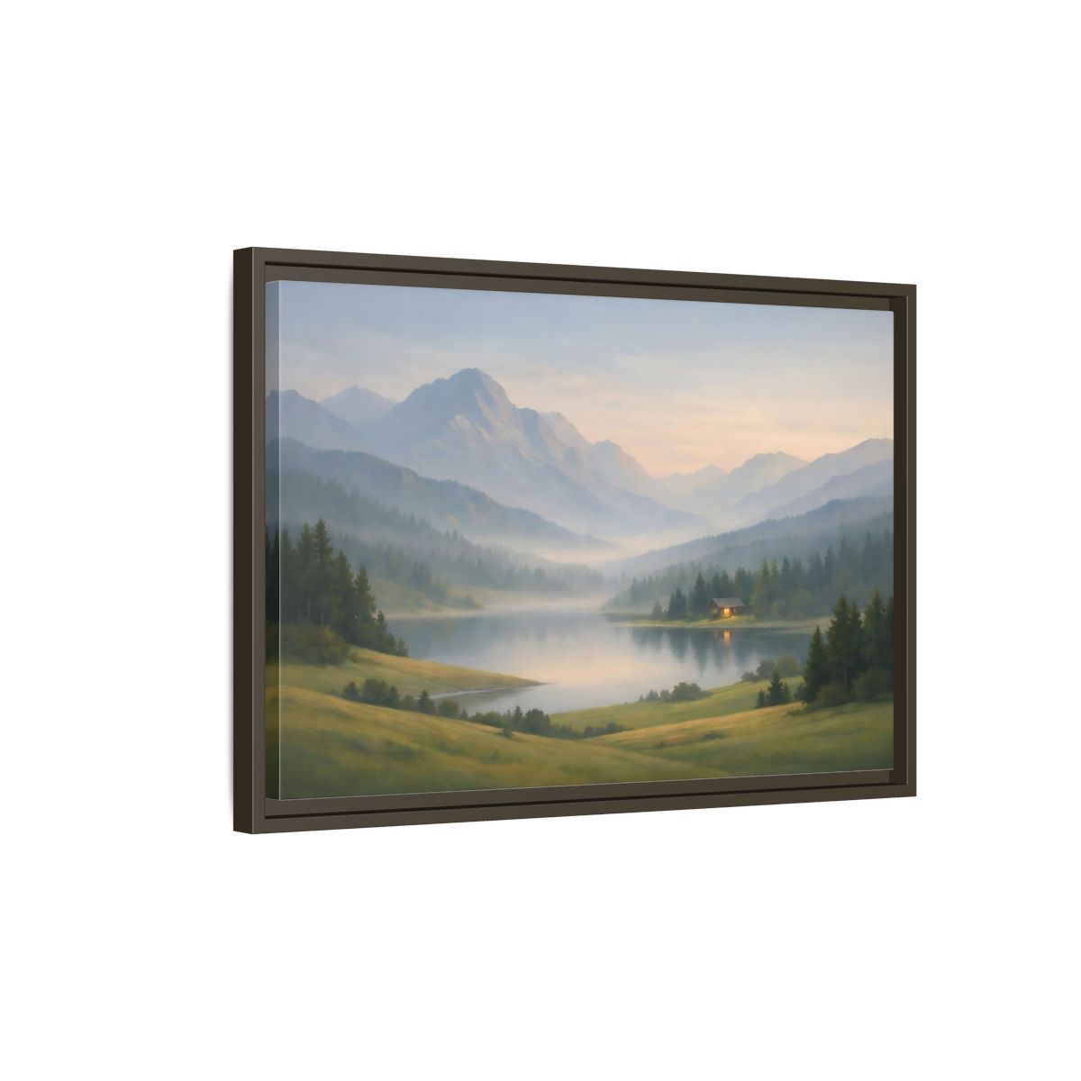 Side Mockup 2. Nature Mountain Lake Misty Mountain Lake shown as stretched canvas wall art