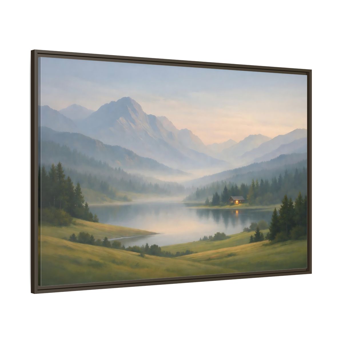 Side Mockup 8. Nature Mountain Lake Misty Mountain Lake shown as stretched canvas wall art