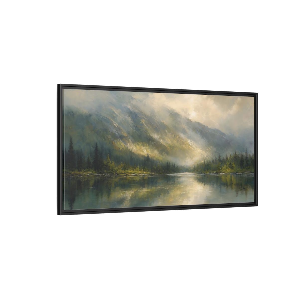 Side Mockup 5. Nature Mountain Lake Misty Mountain Lake shown as stretched canvas wall art