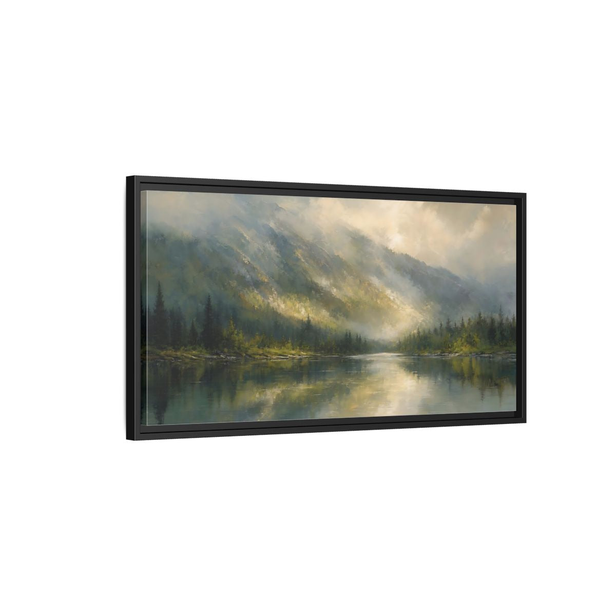 Side Mockup 2. Nature Mountain Lake Misty Mountain Lake shown as stretched canvas wall art