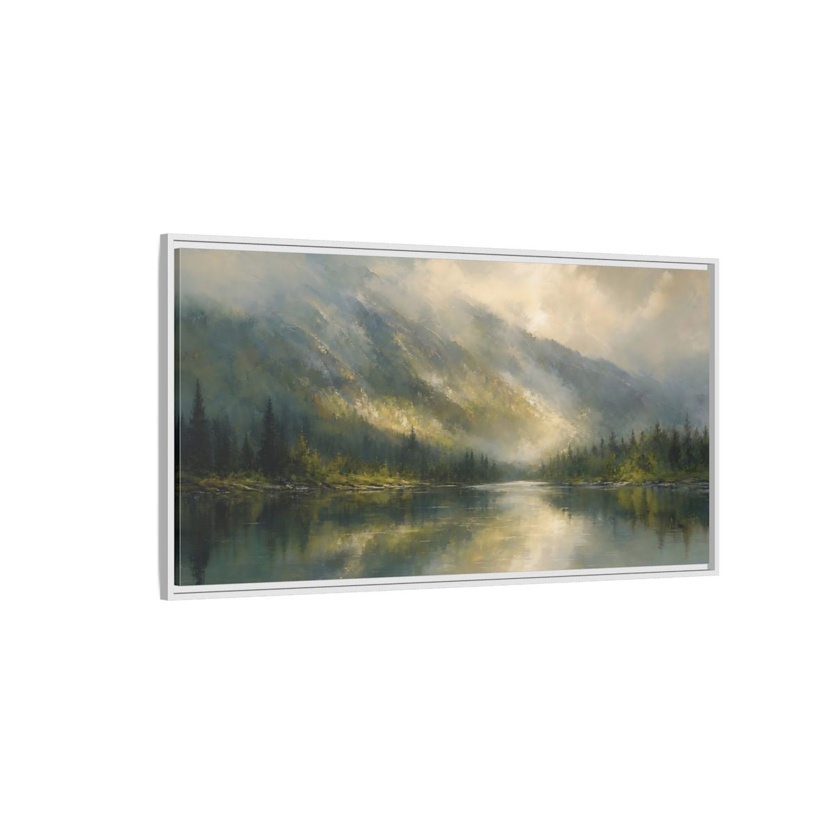 Side Mockup 3. Nature Mountain Lake Misty Mountain Lake shown as stretched canvas wall art