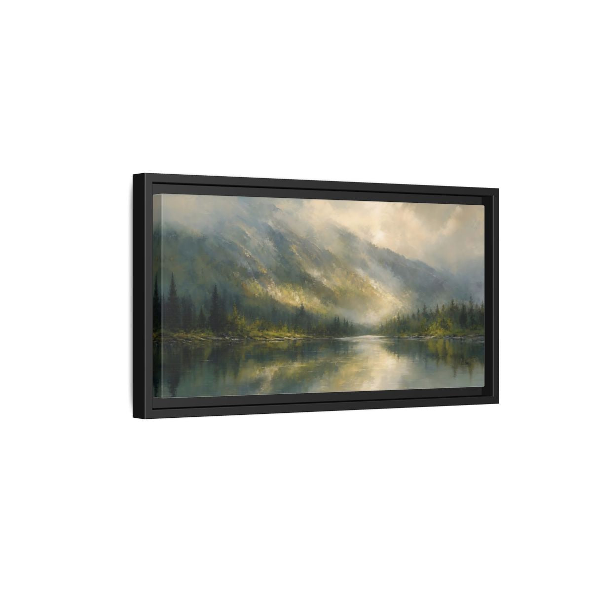 Side Mockup 8. Nature Mountain Lake Misty Mountain Lake shown as stretched canvas wall art