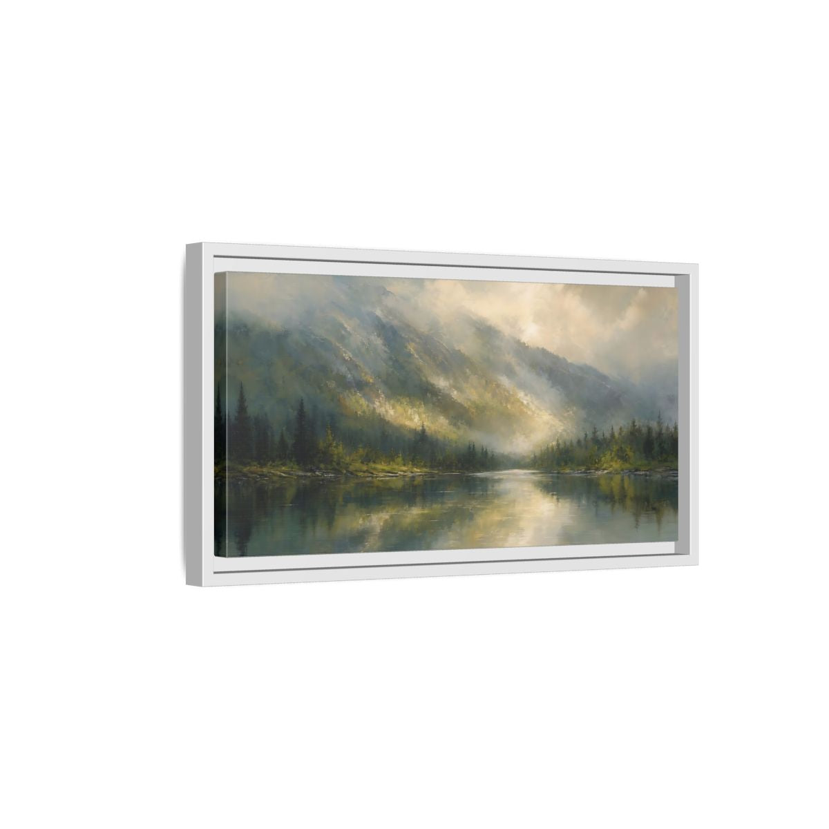 Side Mockup 6. Nature Mountain Lake Misty Mountain Lake shown as stretched canvas wall art