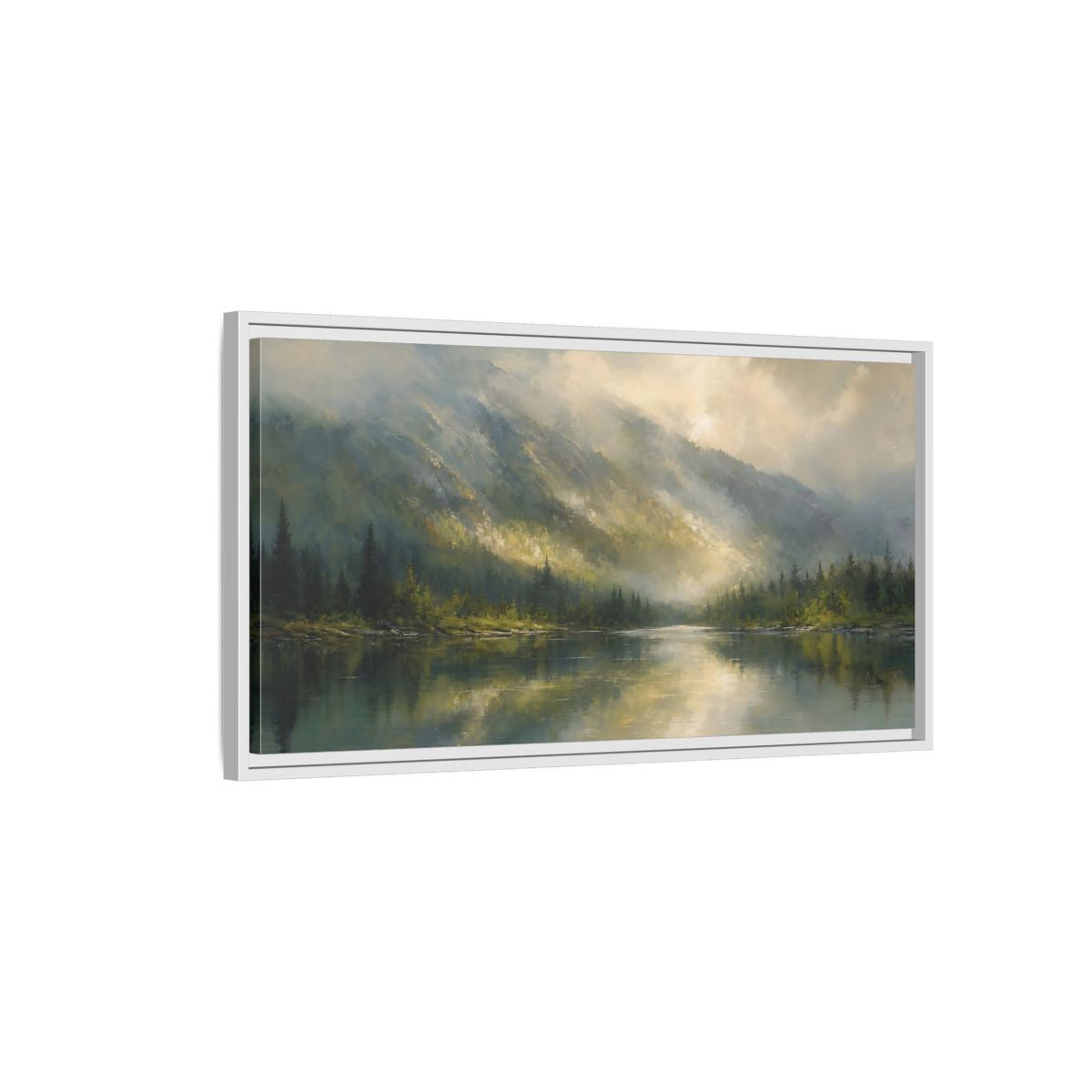 Side Mockup 1. Nature Mountain Lake Misty Mountain Lake shown as stretched canvas wall art