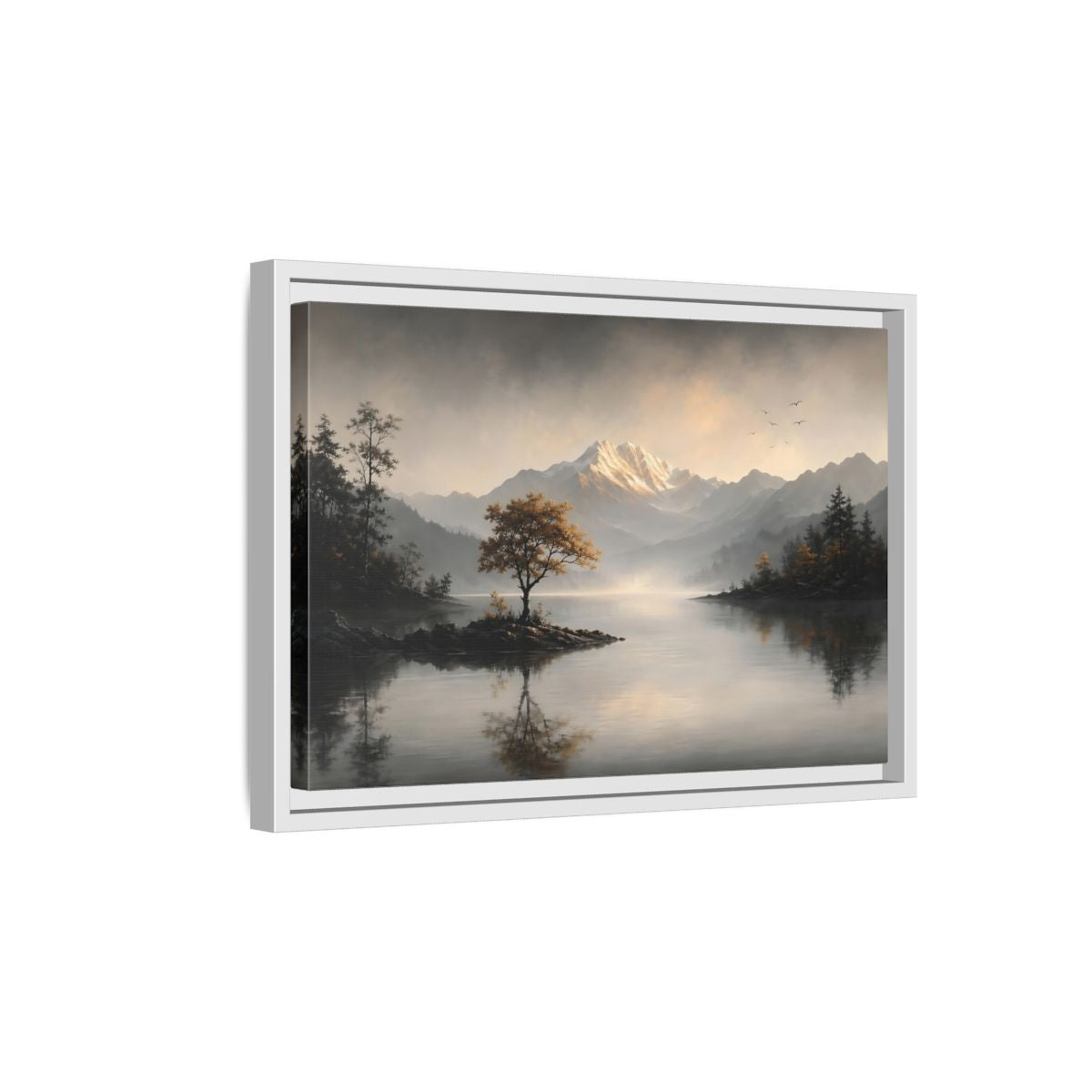 Side Mockup 4. Nature Mountain Lake Misty Mountain Lake shown as stretched canvas wall art