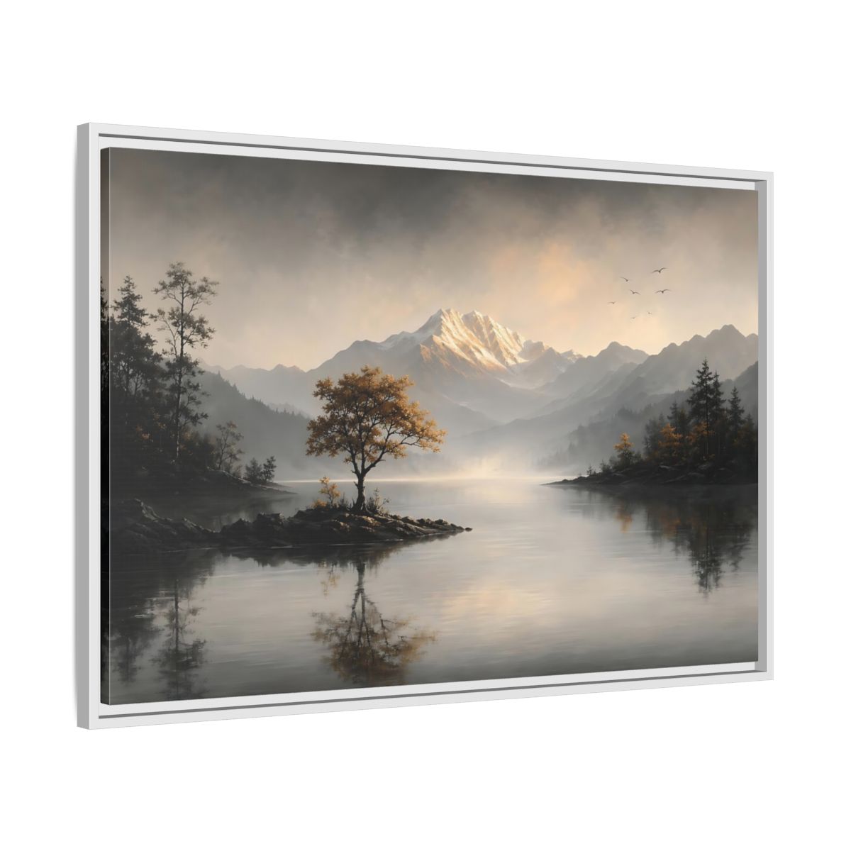 Side Mockup 9. Nature Mountain Lake Misty Mountain Lake shown as stretched canvas wall art