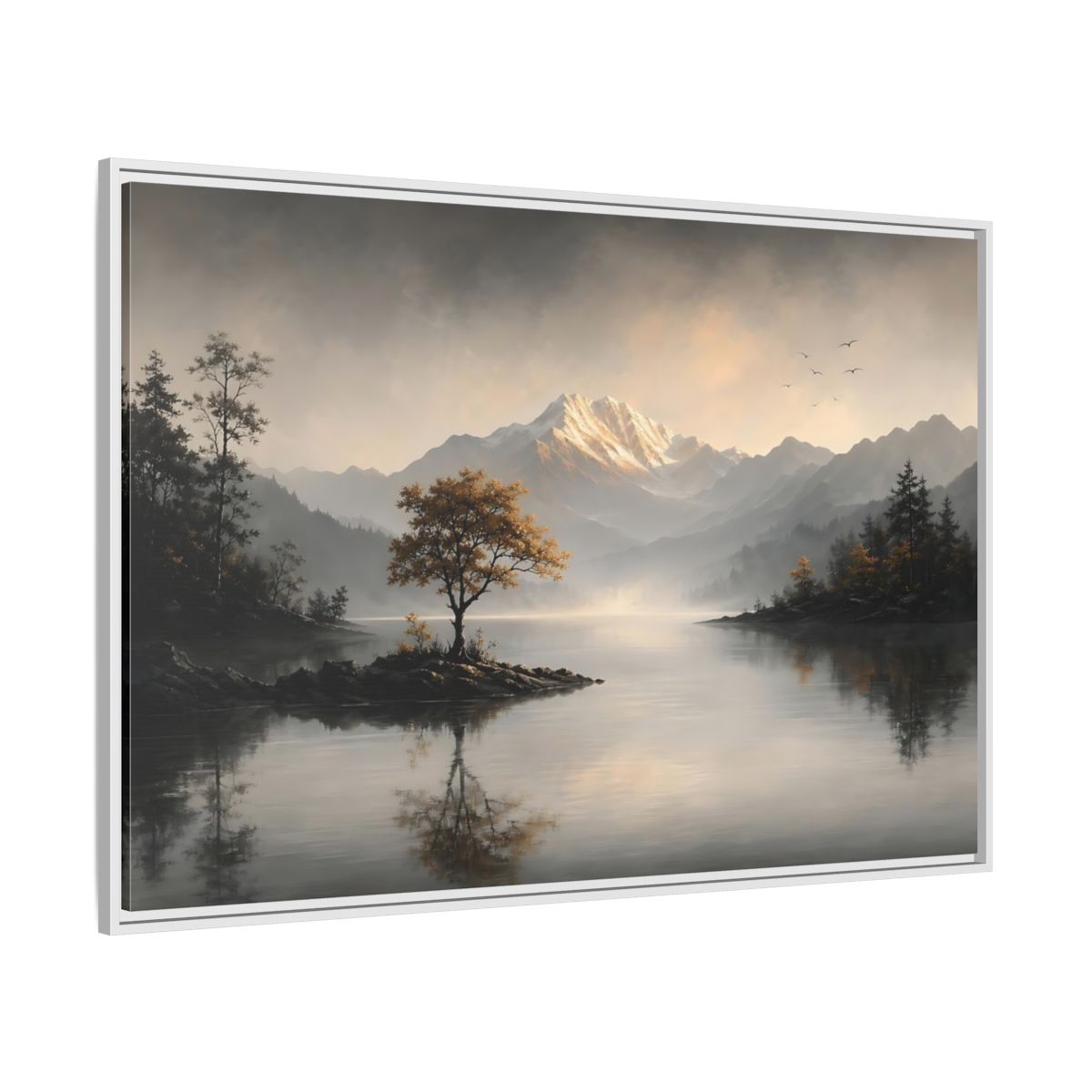 Side Mockup 7. Nature Mountain Lake Misty Mountain Lake shown as stretched canvas wall art