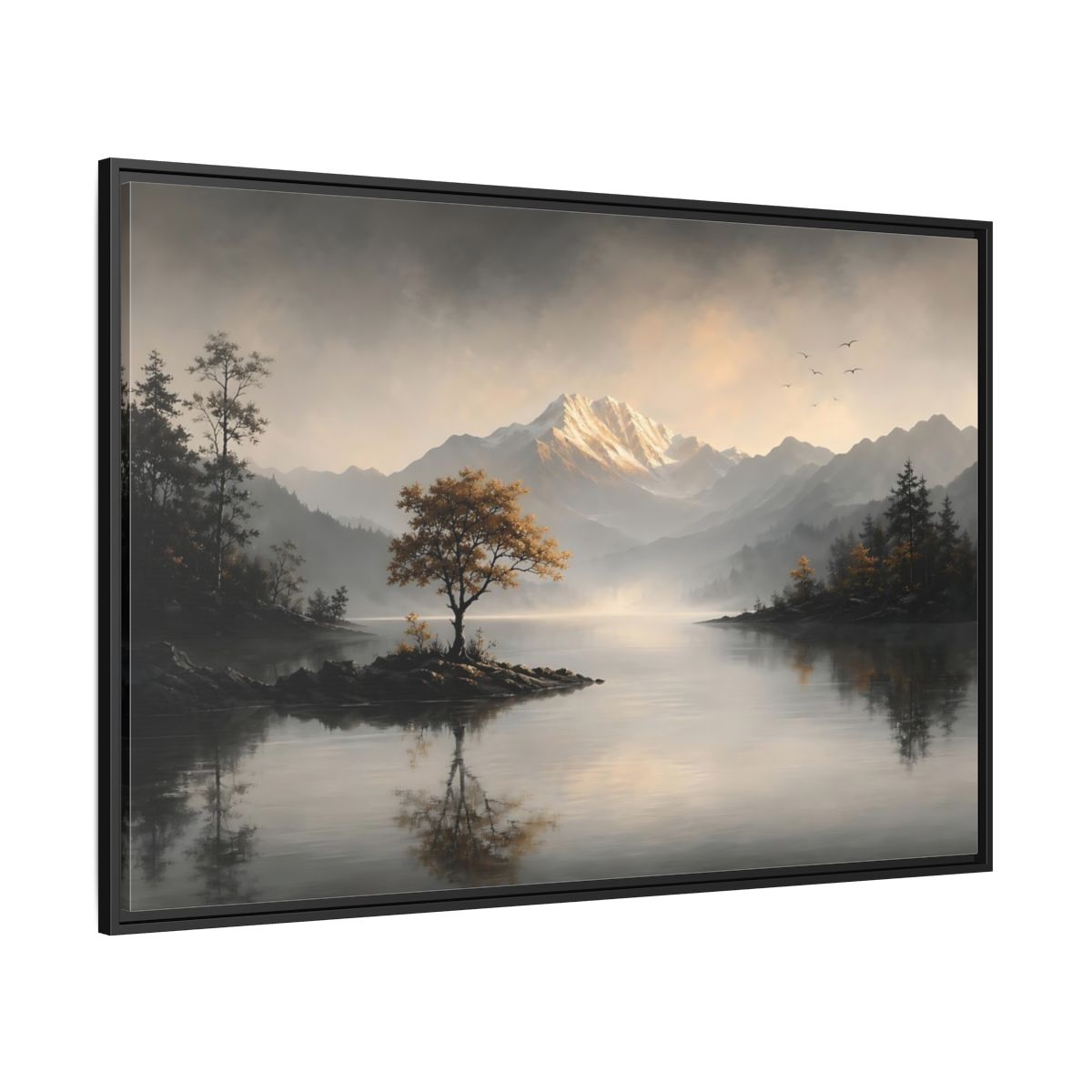 Side Mockup 12. Nature Mountain Lake Misty Mountain Lake shown as stretched canvas wall art