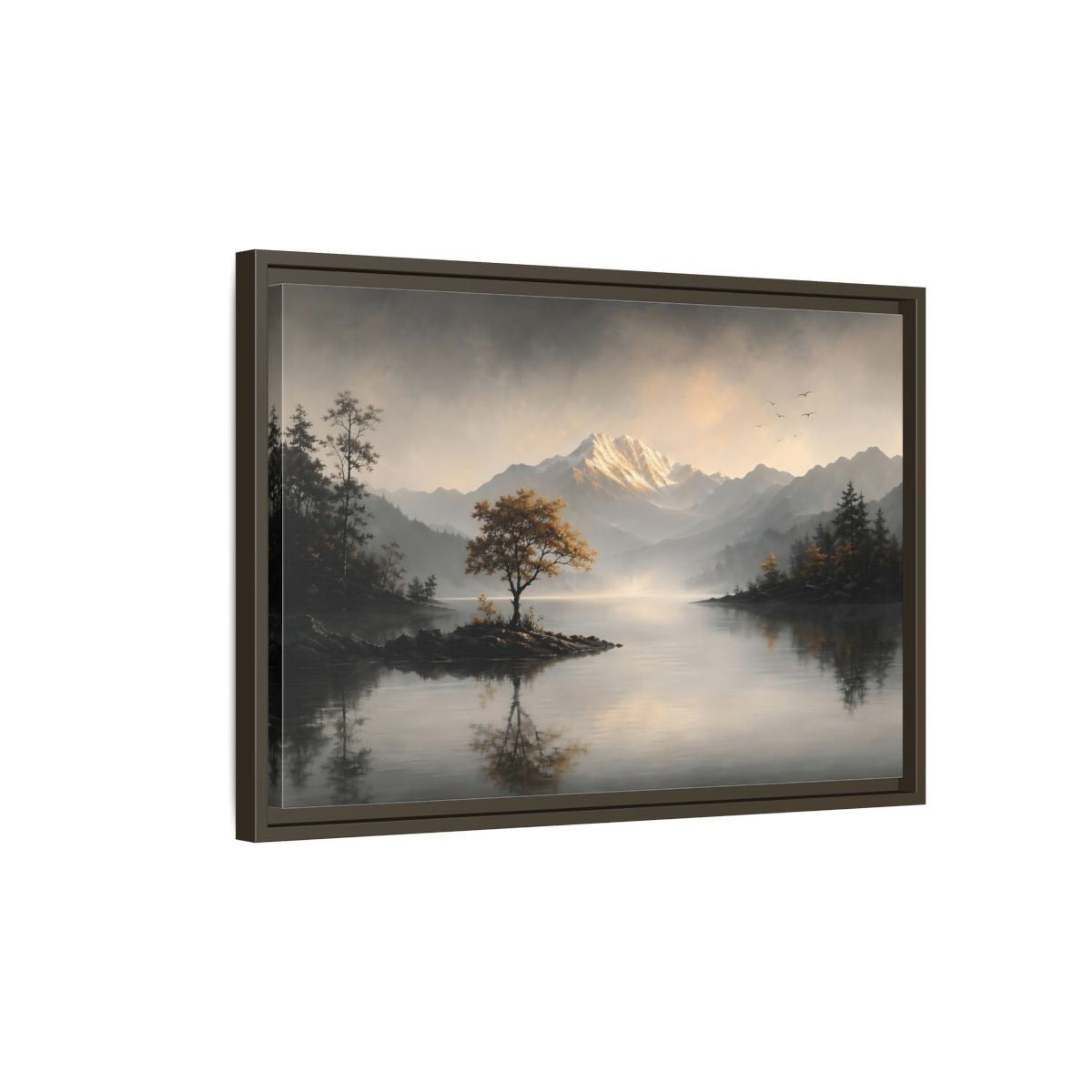 Side Mockup 2. Nature Mountain Lake Misty Mountain Lake shown as stretched canvas wall art