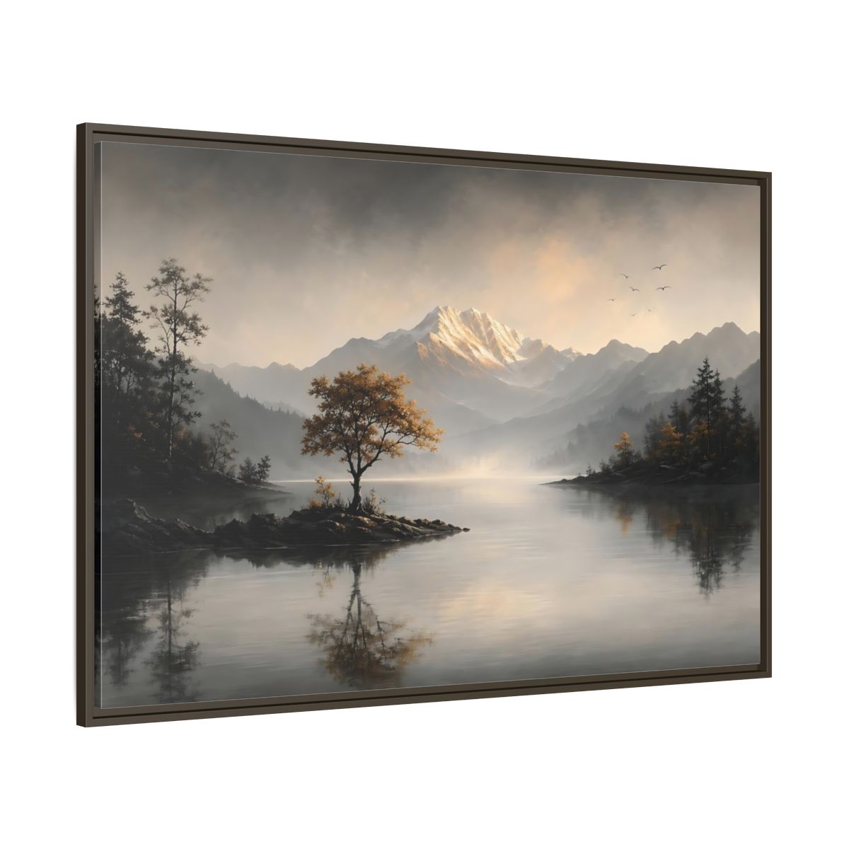 Side Mockup 8. Nature Mountain Lake Misty Mountain Lake shown as stretched canvas wall art