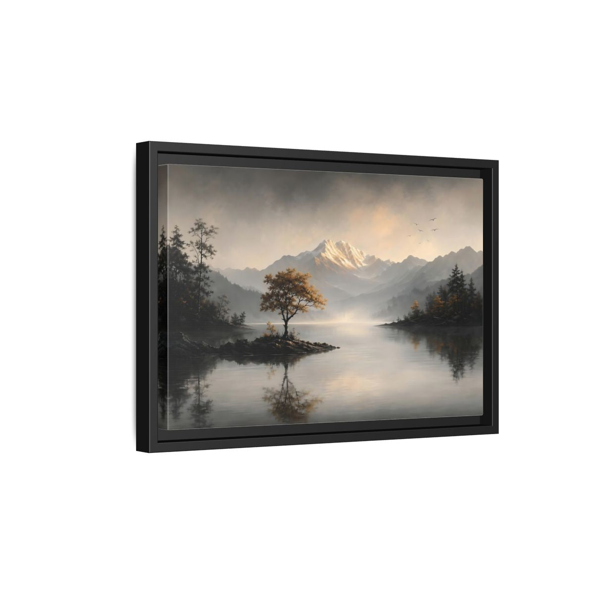 Side Mockup 6. Nature Mountain Lake Misty Mountain Lake shown as stretched canvas wall art