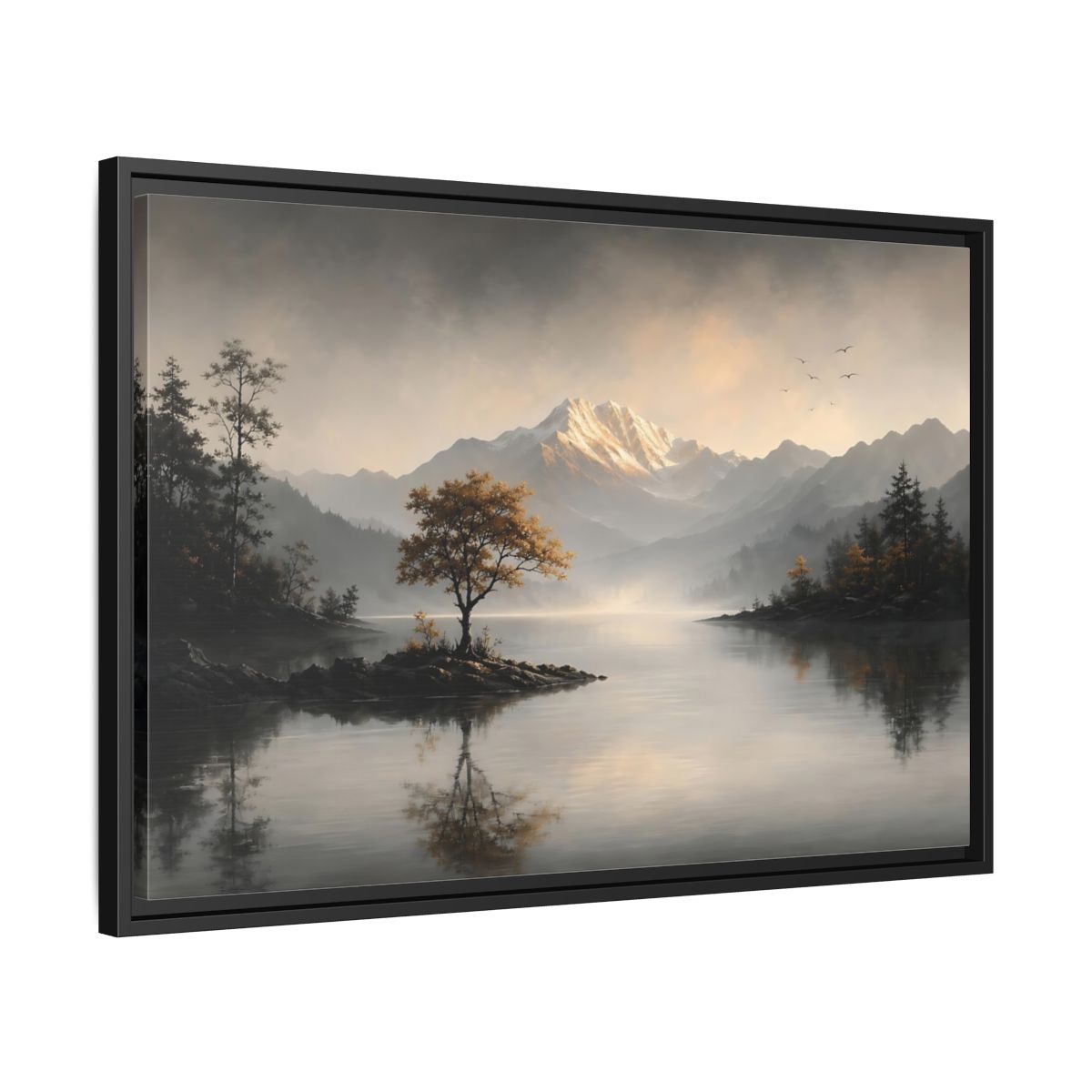 Side Mockup 14. Nature Mountain Lake Misty Mountain Lake shown as stretched canvas wall art