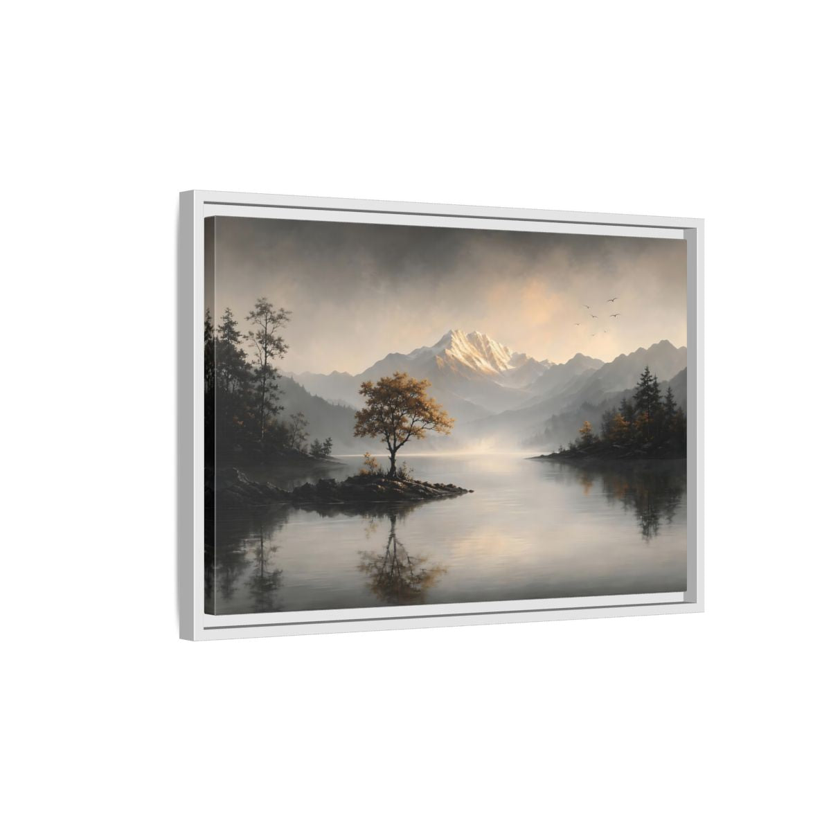 Side Mockup 1. Nature Mountain Lake Misty Mountain Lake shown as stretched canvas wall art
