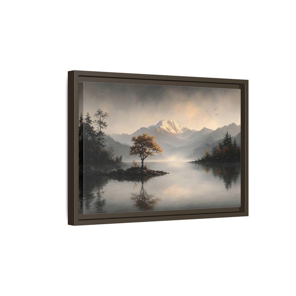 Side Mockup 5. Nature Mountain Lake Misty Mountain Lake shown as stretched canvas wall art