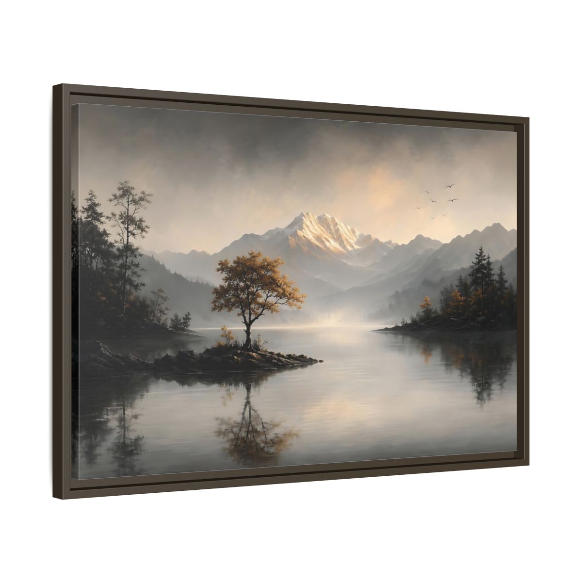 Side Mockup 11. Nature Mountain Lake Misty Mountain Lake shown as stretched canvas wall art