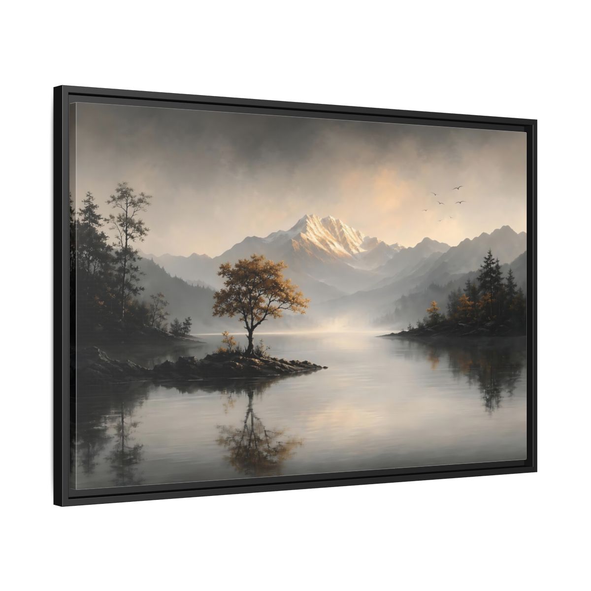 Side Mockup 13. Nature Mountain Lake Misty Mountain Lake shown as stretched canvas wall art
