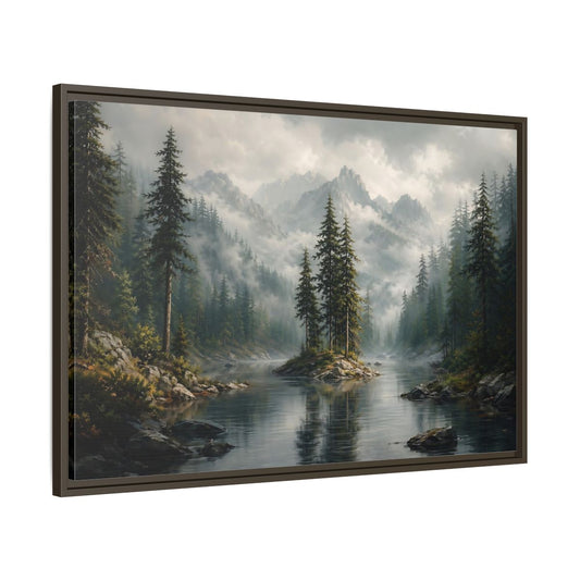 Main Mockup. Nature Mountain Lake Misty Green Landscape shown as stretched canvas wall art