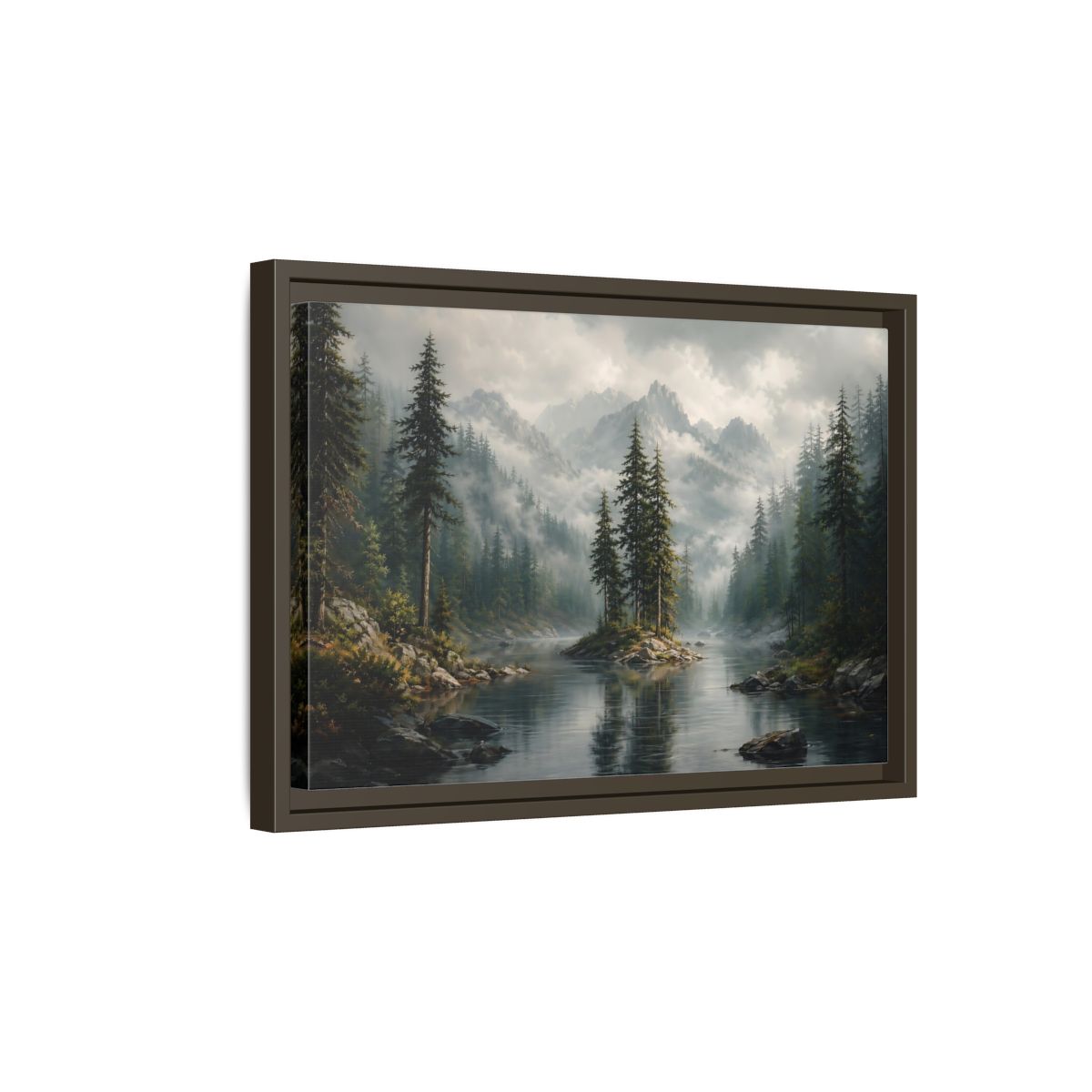 Side Mockup 5. Nature Mountain Lake Misty Green Landscape shown as stretched canvas wall art