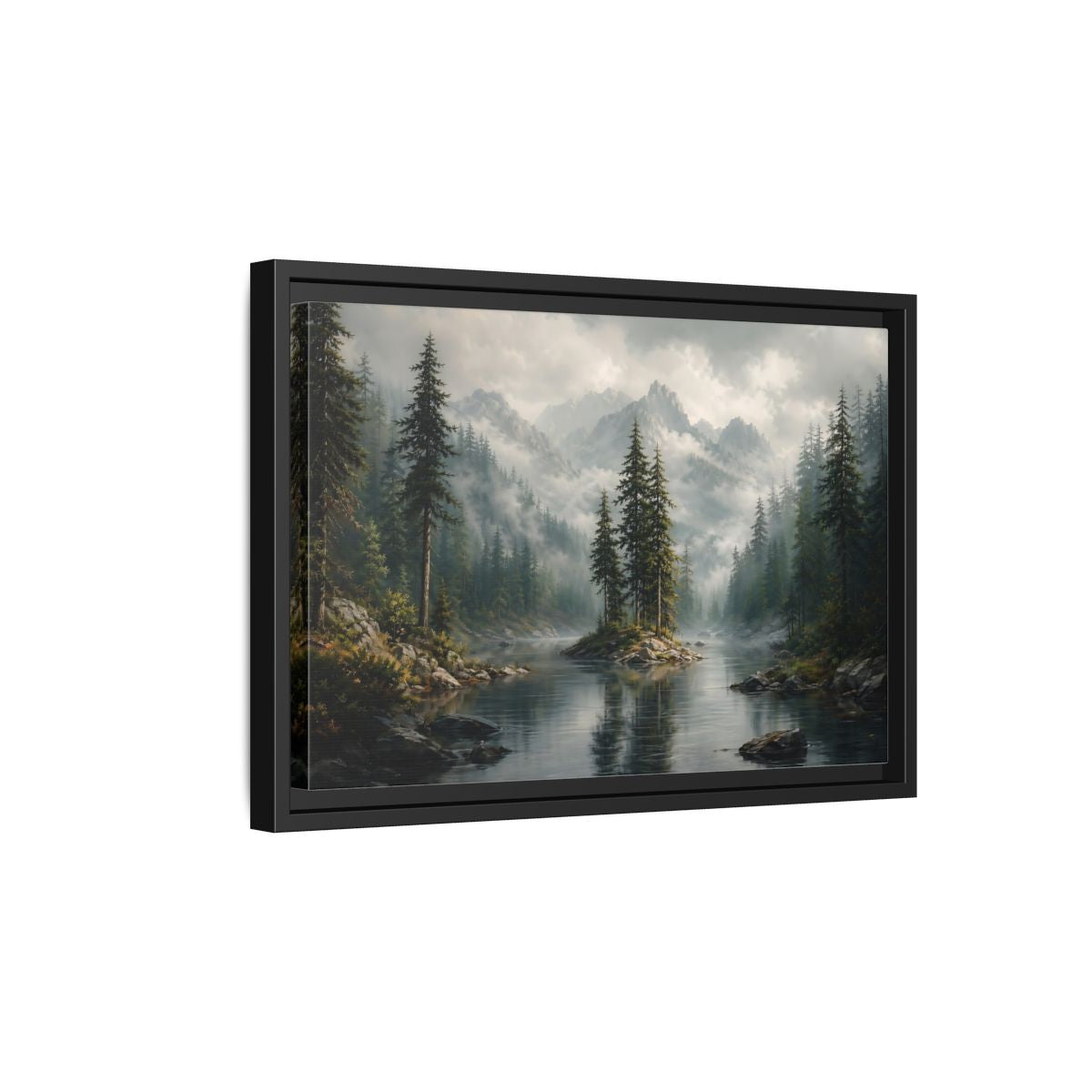 Side Mockup 6. Nature Mountain Lake Misty Green Landscape shown as stretched canvas wall art
