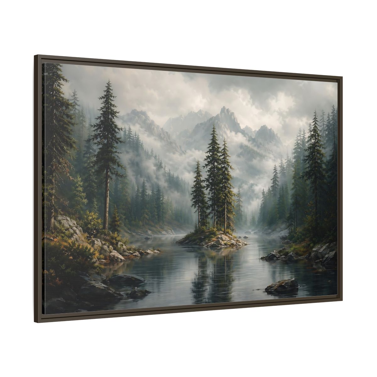 Side Mockup 8. Nature Mountain Lake Misty Green Landscape shown as stretched canvas wall art