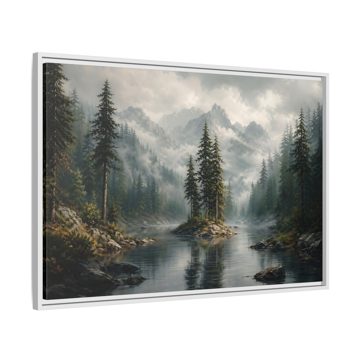 Side Mockup 9. Nature Mountain Lake Misty Green Landscape shown as stretched canvas wall art