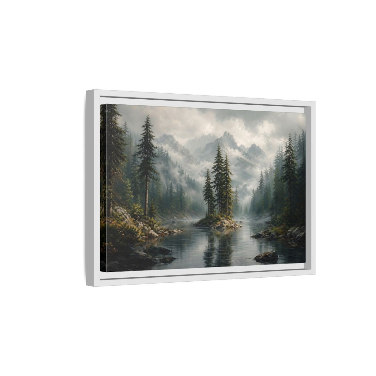 Side Mockup 4. Nature Mountain Lake Misty Green Landscape shown as stretched canvas wall art